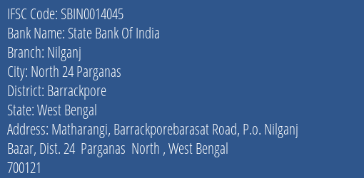 State Bank Of India Nilganj Branch Barrackpore IFSC Code SBIN0014045