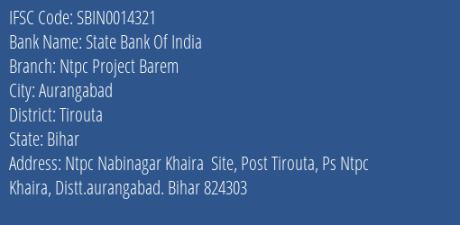 State Bank Of India Ntpc Project Barem Branch, Branch Code 014321 & IFSC Code Sbin0014321