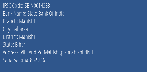 State Bank Of India Mahishi Branch, Branch Code 014333 & IFSC Code Sbin0014333