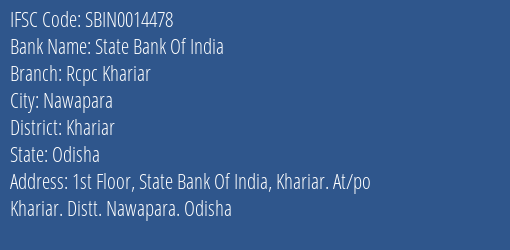 State Bank Of India Rcpc Khariar Branch, Branch Code 014478 & IFSC Code Sbin0014478