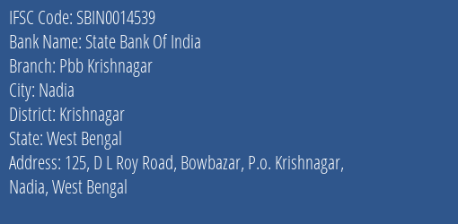 State Bank Of India Pbb Krishnagar Branch Krishnagar IFSC Code SBIN0014539