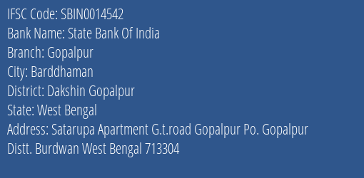 State Bank Of India Gopalpur Branch Dakshin Gopalpur IFSC Code SBIN0014542