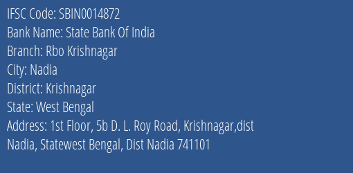 State Bank Of India Rbo Krishnagar Branch Krishnagar IFSC Code SBIN0014872