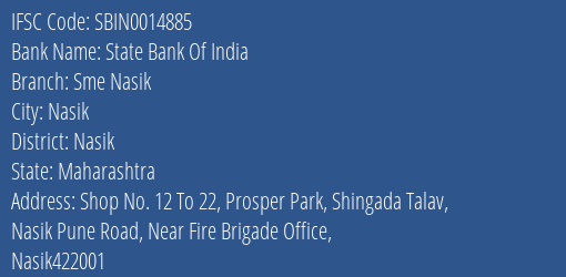 State Bank Of India Sme Nasik Branch Nasik IFSC Code SBIN0014885