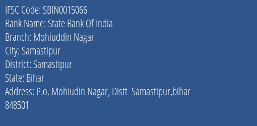 State Bank Of India Mohiuddin Nagar Branch, Branch Code 015066 & IFSC Code Sbin0015066