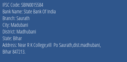 State Bank Of India Saurath Branch, Branch Code 015584 & IFSC Code Sbin0015584