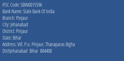 State Bank Of India Pinjaur Branch, Branch Code 015596 & IFSC Code Sbin0015596