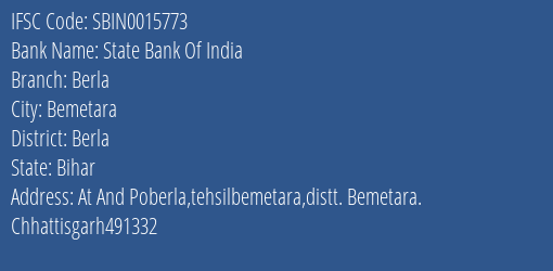 State Bank Of India Berla Branch, Branch Code 015773 & IFSC Code Sbin0015773