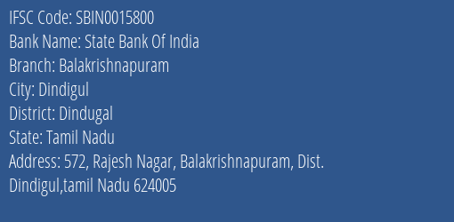 State Bank Of India Balakrishnapuram Branch, Branch Code 015800 & IFSC Code Sbin0015800