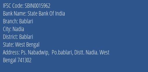 State Bank Of India Bablari Branch Bablari IFSC Code SBIN0015962