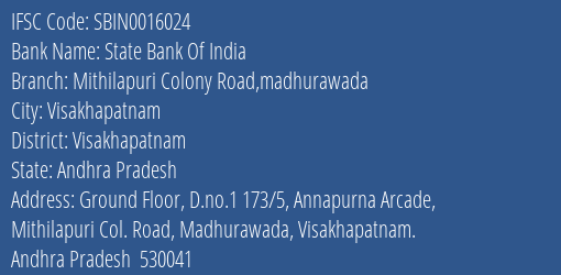 State Bank Of India Mithilapuri Colony Road Madhurawada Branch Visakhapatnam IFSC Code SBIN0016024