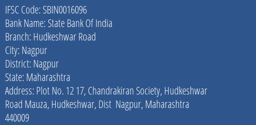 State Bank Of India Hudkeshwar Road Branch Nagpur IFSC Code SBIN0016096