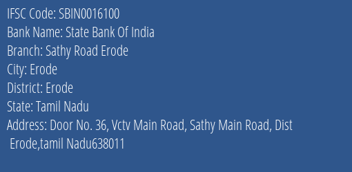 State Bank Of India Sathy Road Erode Branch, Branch Code 016100 & IFSC Code Sbin0016100