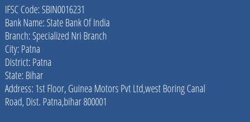 State Bank Of India Specialized Nri Branch Branch, Branch Code 016231 & IFSC Code Sbin0016231