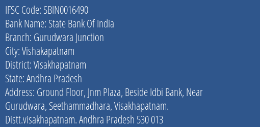 State Bank Of India Gurudwara Junction Branch Visakhapatnam IFSC Code SBIN0016490