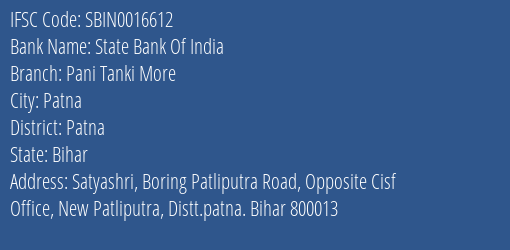 State Bank Of India Pani Tanki More Branch, Branch Code 016612 & IFSC Code Sbin0016612