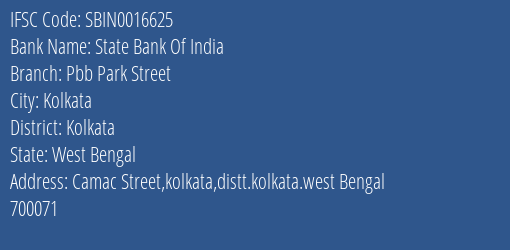 State Bank Of India Pbb Park Street Branch Kolkata IFSC Code SBIN0016625