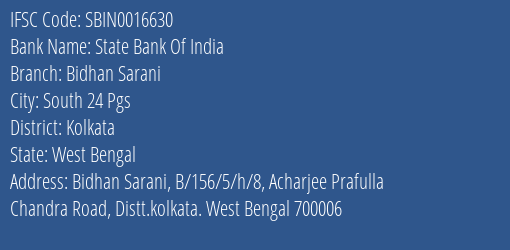 State Bank Of India Bidhan Sarani Branch Kolkata IFSC Code SBIN0016630