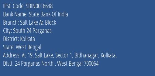 State Bank Of India Salt Lake Ac Block Branch Kolkata IFSC Code SBIN0016648