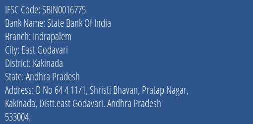 State Bank Of India Indrapalem Branch Kakinada IFSC Code SBIN0016775
