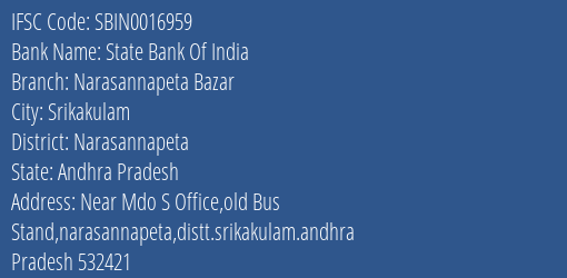 State Bank Of India Narasannapeta Bazar Branch Narasannapeta IFSC Code SBIN0016959