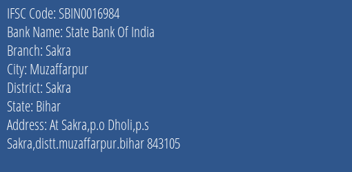 State Bank Of India Sakra Branch, Branch Code 016984 & IFSC Code Sbin0016984
