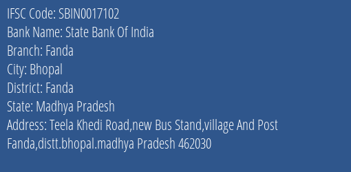 State Bank Of India Fanda Branch Fanda IFSC Code SBIN0017102