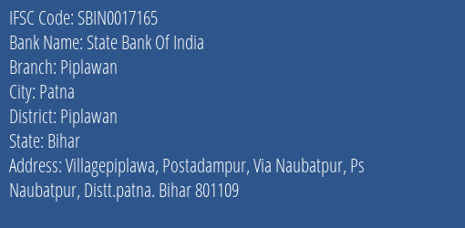 State Bank Of India Piplawan Branch, Branch Code 017165 & IFSC Code Sbin0017165