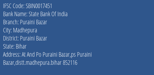 State Bank Of India Puraini Bazar Branch, Branch Code 017451 & IFSC Code Sbin0017451