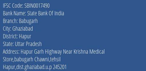 State Bank Of India Babugarh Branch, Branch Code 017490 & IFSC Code Sbin0017490