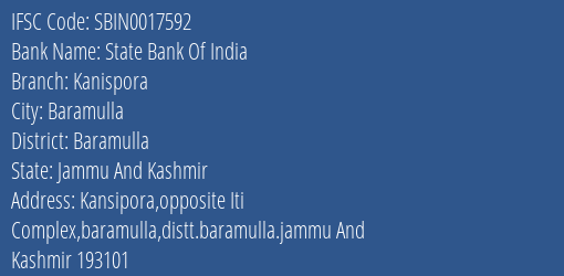 State Bank Of India Kanispora Branch Baramulla IFSC Code SBIN0017592