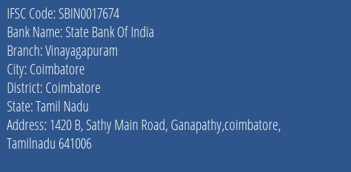 State Bank Of India Vinayagapuram Branch, Branch Code 017674 & IFSC Code Sbin0017674
