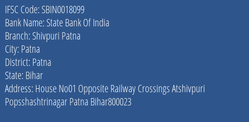 State Bank Of India Shivpuri Patna Branch, Branch Code 018099 & IFSC Code Sbin0018099