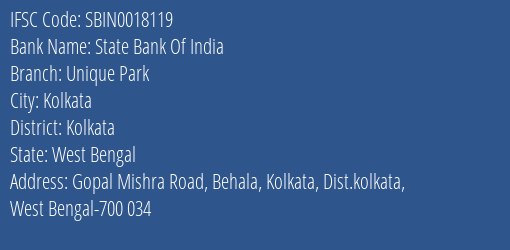 State Bank Of India Unique Park Branch Kolkata IFSC Code SBIN0018119