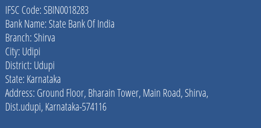 State Bank Of India Shirva Branch, Branch Code 018283 & IFSC Code Sbin0018283