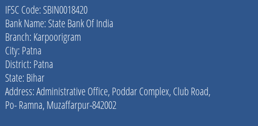 State Bank Of India Karpoorigram Branch, Branch Code 018420 & IFSC Code Sbin0018420