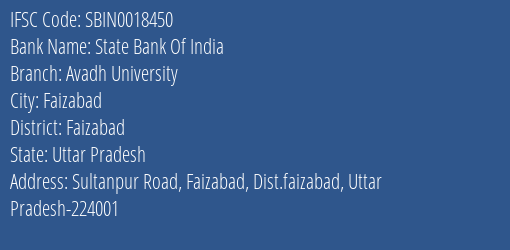 State Bank Of India Avadh University Branch Faizabad IFSC Code SBIN0018450