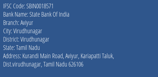 State Bank Of India Aviyur Branch, Branch Code 018571 & IFSC Code Sbin0018571