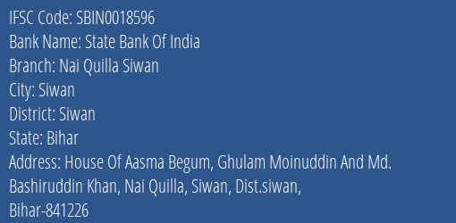 State Bank Of India Nai Quilla Siwan Branch, Branch Code 018596 & IFSC Code Sbin0018596