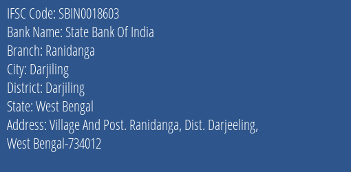 State Bank Of India Ranidanga Branch Darjiling IFSC Code SBIN0018603