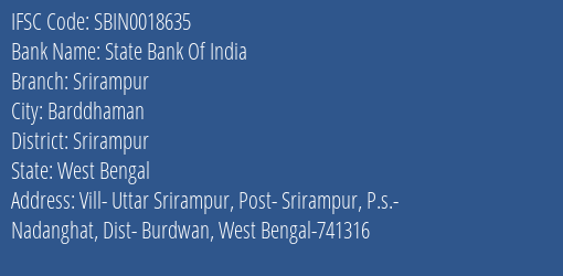 State Bank Of India Srirampur Branch Srirampur IFSC Code SBIN0018635