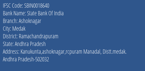 State Bank Of India Ashoknagar Branch Ramachandrapuram IFSC Code SBIN0018640