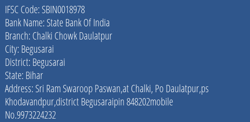 State Bank Of India Chalki Chowk Daulatpur Branch, Branch Code 018978 & IFSC Code Sbin0018978