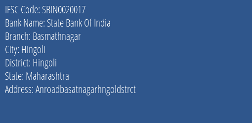 State Bank Of India Basmathnagar Branch Hingoli IFSC Code SBIN0020017