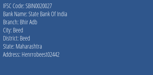 State Bank Of India Bhir Adb Branch Beed IFSC Code SBIN0020027