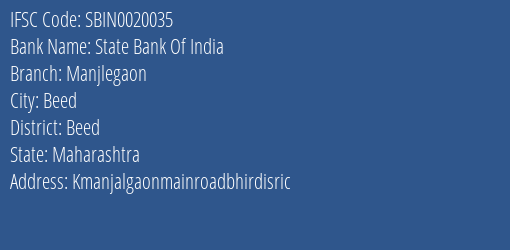 State Bank Of India Manjlegaon Branch Beed IFSC Code SBIN0020035