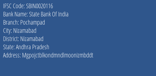 State Bank Of India Pochampad Branch Nizamabad IFSC Code SBIN0020116