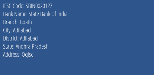 State Bank Of India Boath Branch Adilabad IFSC Code SBIN0020127