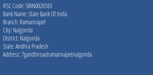 State Bank Of India Ramannapet Branch Nalgonda IFSC Code SBIN0020183
