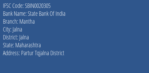 State Bank Of India Mantha Branch Jalna IFSC Code SBIN0020305